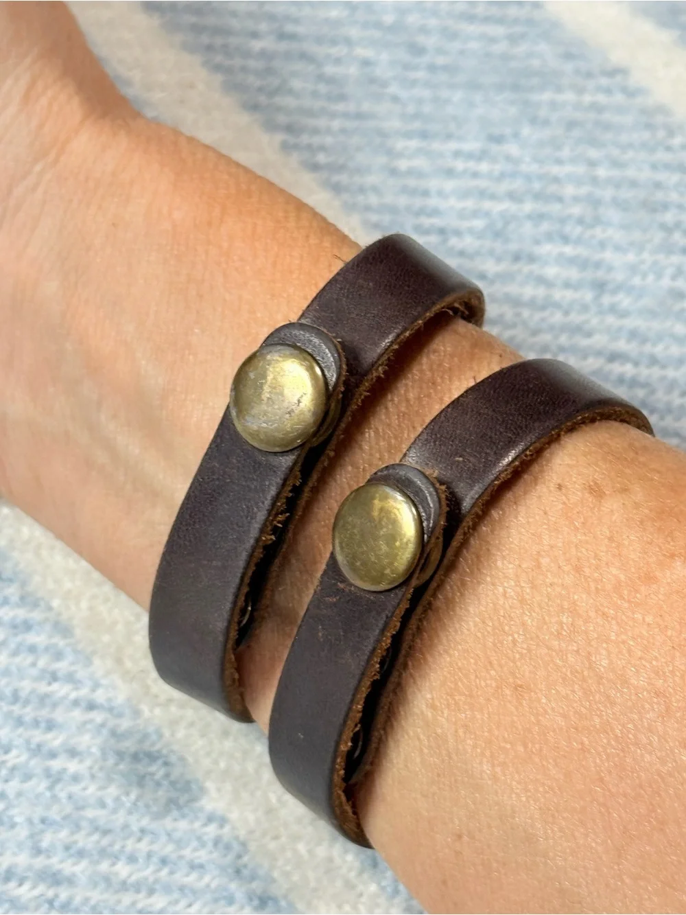 Double-Wrap Brown Leather Bracelet with Central Stone Accent